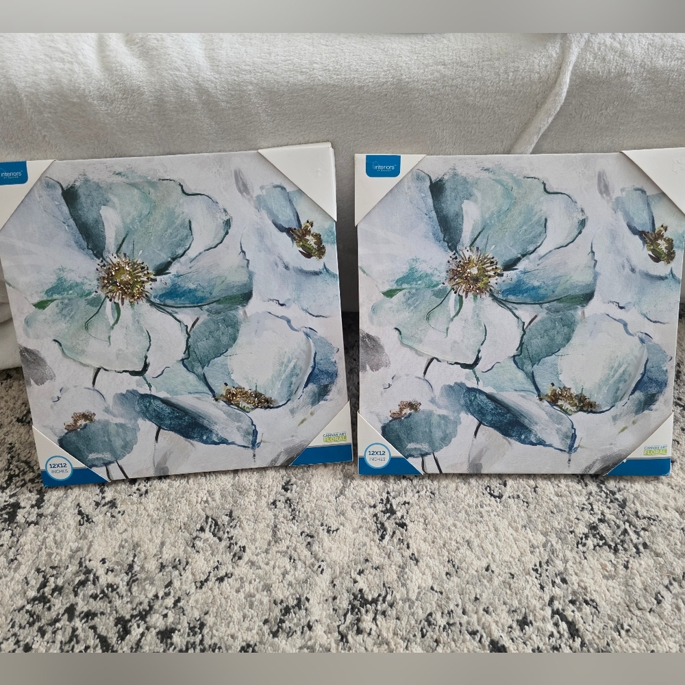 Floral Canvas Set of 2 12x12 NWT Blue Gold Feminine Chic